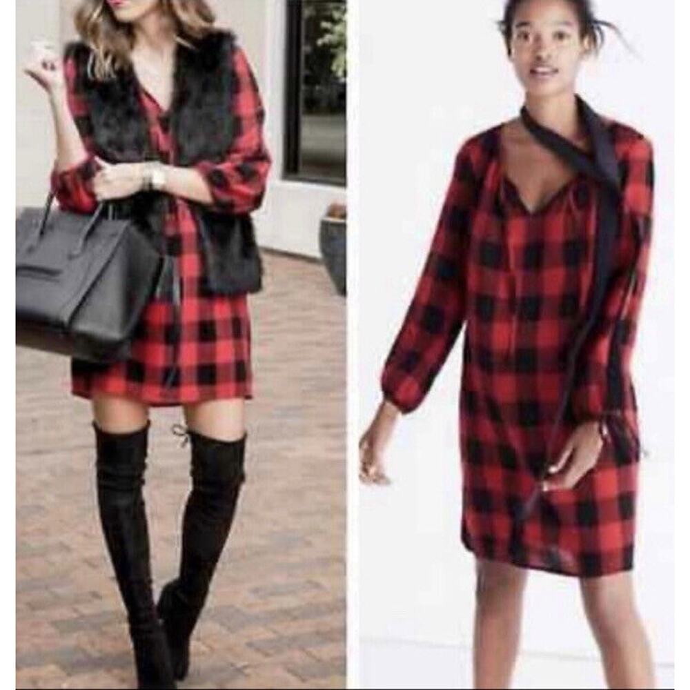 MADEWEL $98 Casual Wool Tunic Lined Shift Dress Buffalo Check Size XXS